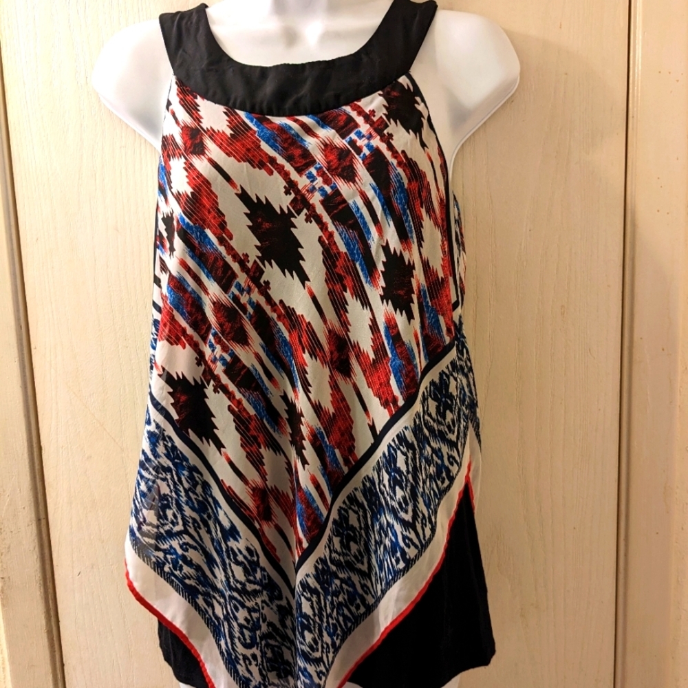 AB Studio sleeveless  lightweight colorful asymmetrical blouse. NWOT Sz Sm